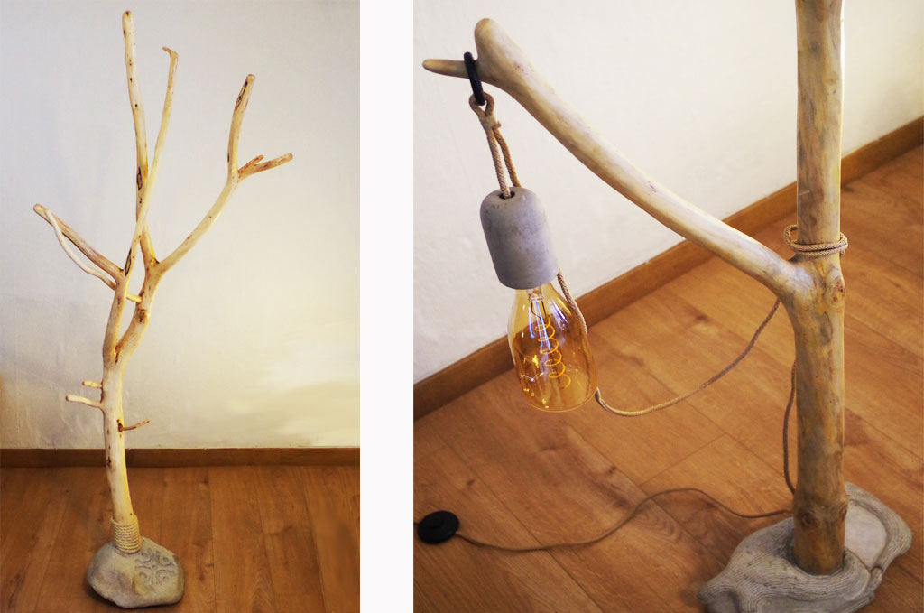 lamps and stand of natural wood and stone